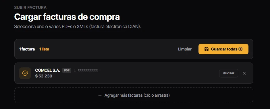 Pantalla de carga de facturas de compra con un PDF ya identificado: proveedor COMCEL S.A. y valor de la factura.