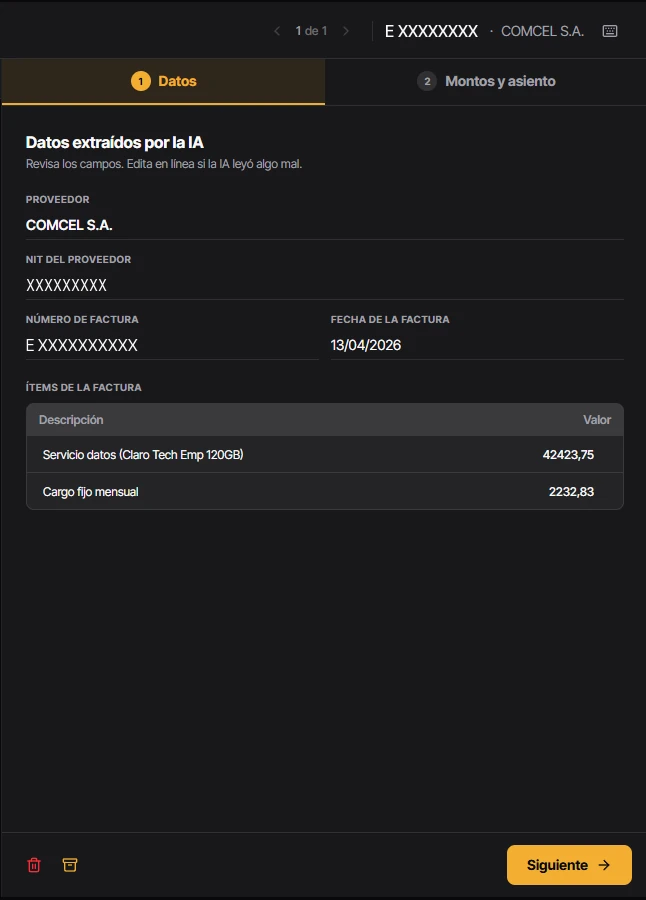 Pantalla «Datos extraídos por la IA» con proveedor, NIT, número de factura, fecha e ítems, todos en campos editables; el NIT y el número van enmascarados.