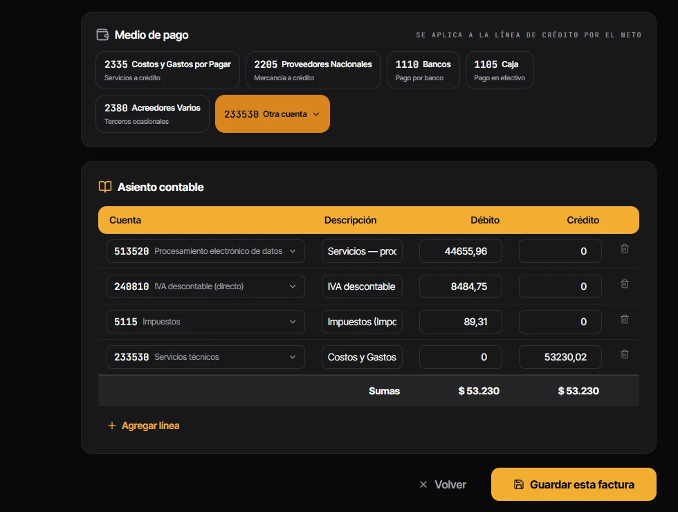 Asiento contable propuesto con cuatro líneas del PUC, débitos y créditos, y las sumas cuadradas al pie.